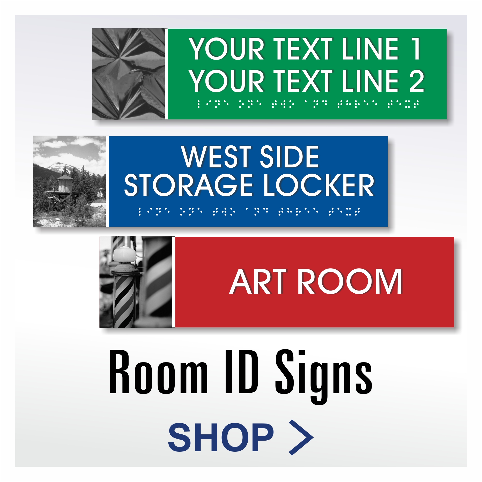 Vintage ADA room identification signs with black and white historic images